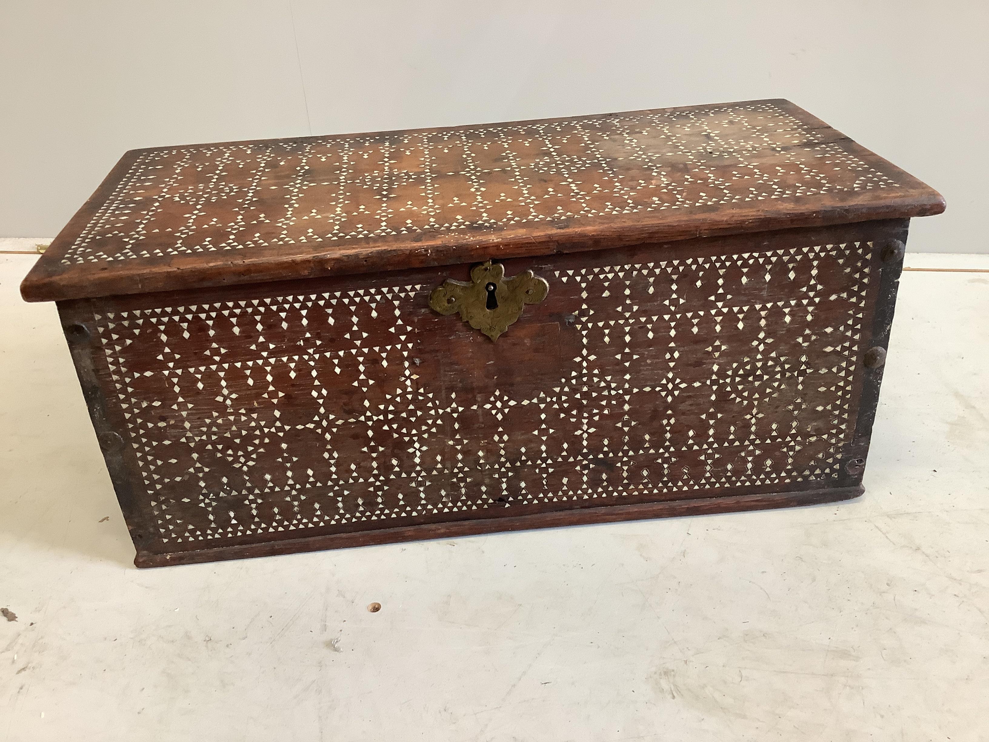 An Indian bone inset hardwood trunk, width 58cm, depth 27cm, height 24cm